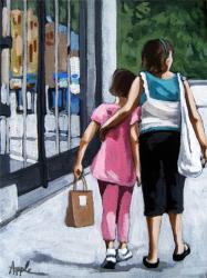Big Sister girls shopping on city street figurative painting