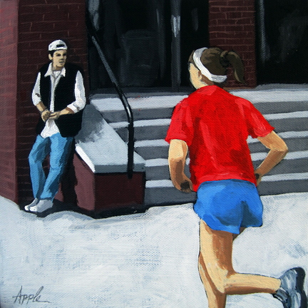 Red, White and Blue campus jog figurative painting