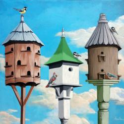 The Cul de Sac 2 - realistic birdhouses bird painting