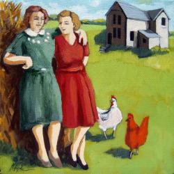 Family Farm Days - figurative vintage image oil painting
