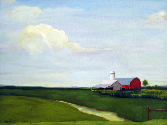 Early Corn farm landscape red barn oil painting