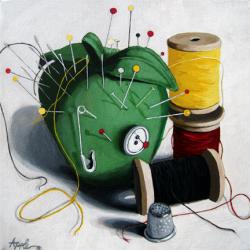Time to Sew - realistic sewing tools oil painting