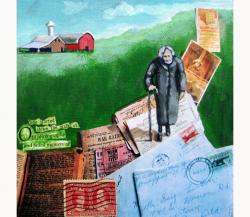Woman Walking Vintage letters and memories mixed media painting