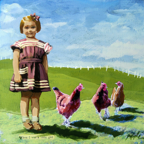 Little Girl with Chickens - vintage era summer Special #2 oil painting