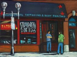 The Tattoo shop - city figurative oil painting